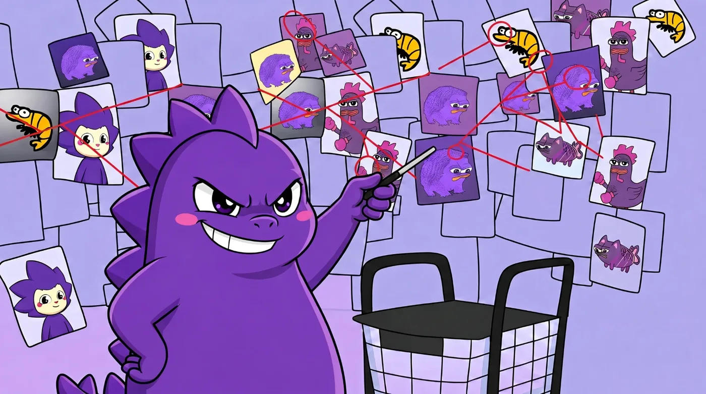 GRIMON pointing at a conspiracy board of targets linked with red string