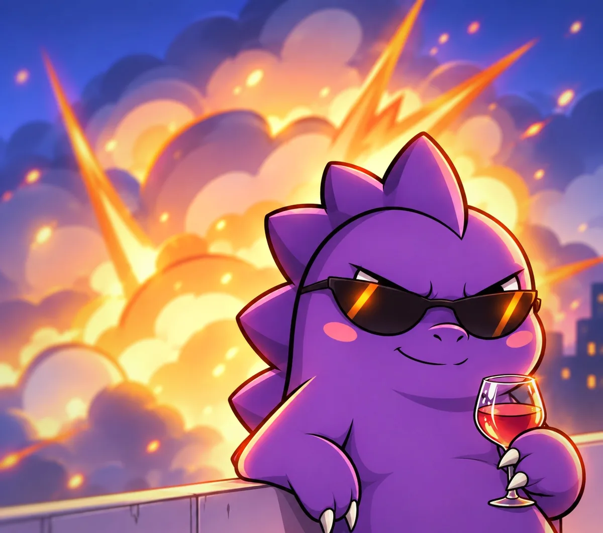 GRIMON sipping a drink in sunglasses as the city explodes behind him